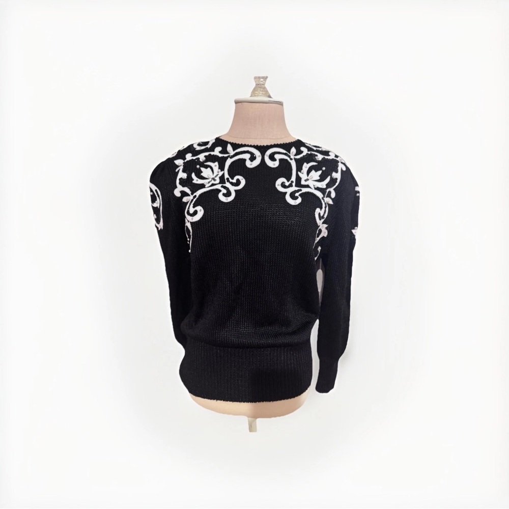Vintage black knit Sweater white embroidered scroll beaded detail shoulder pads